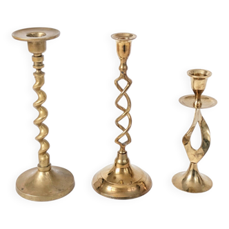Set of 3 Vintage Twisted Brass Candle Holders, Midcentury