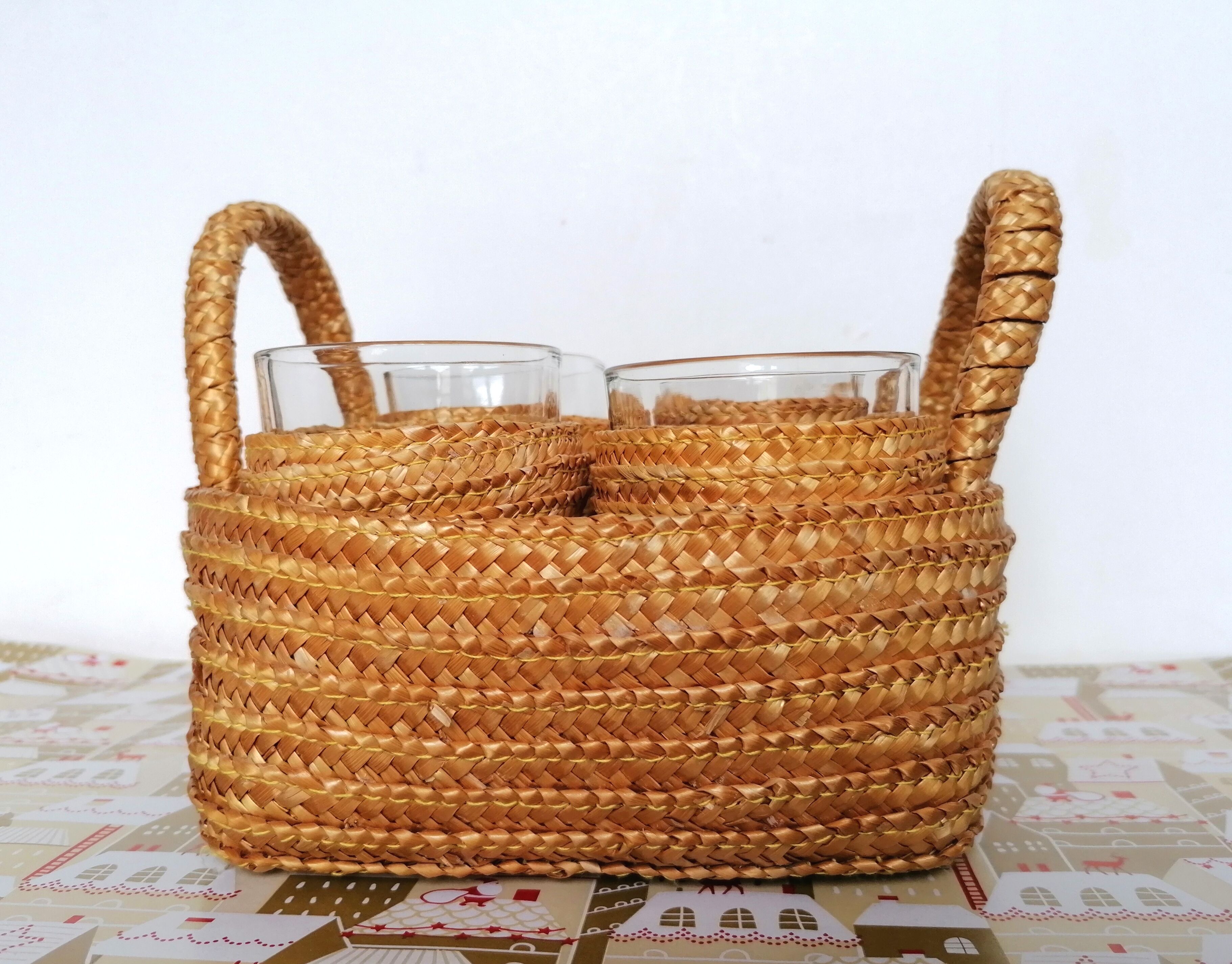 Basket and glass holder woven straw