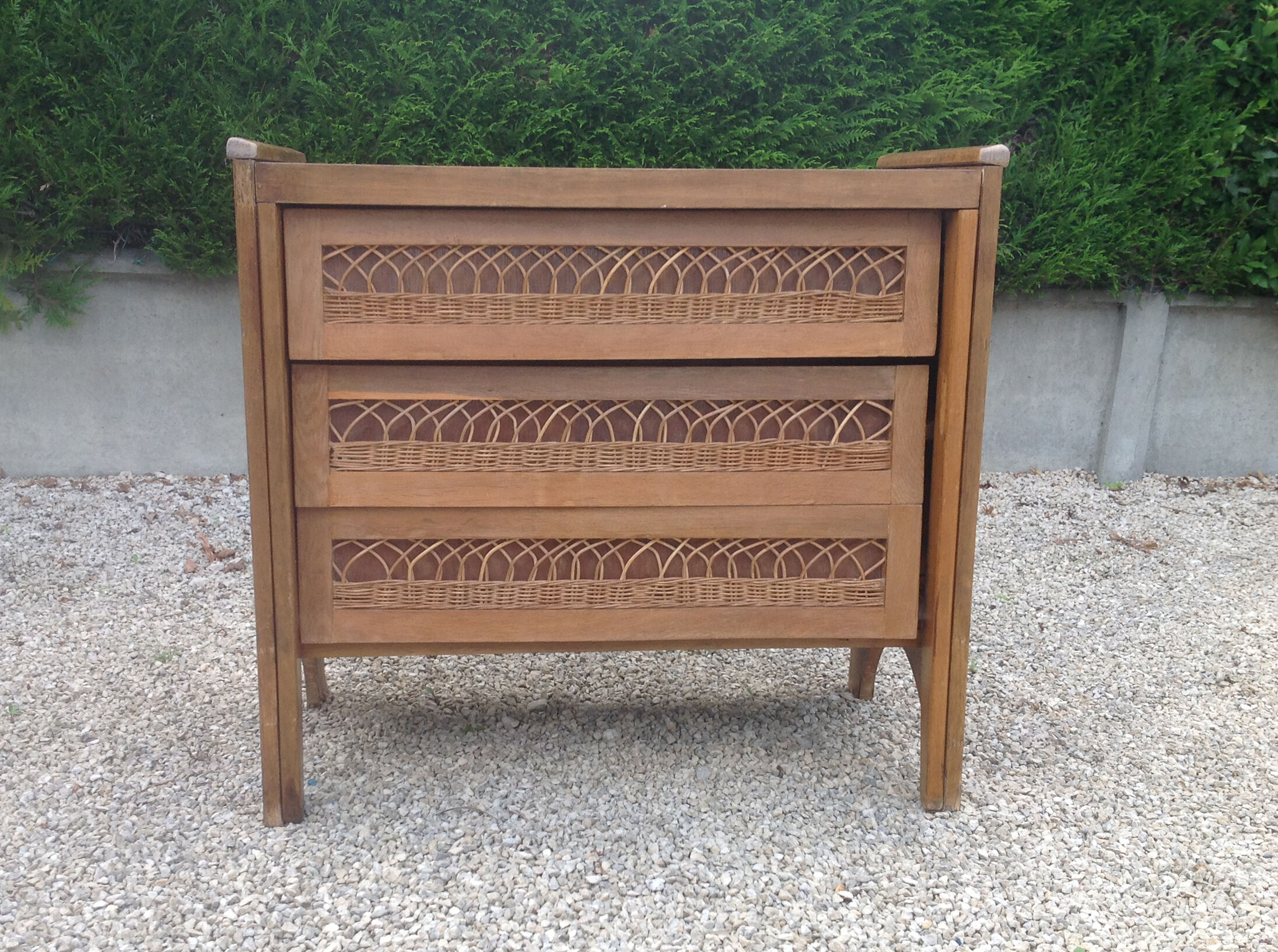 Vintage oak and rattan chest of drawers