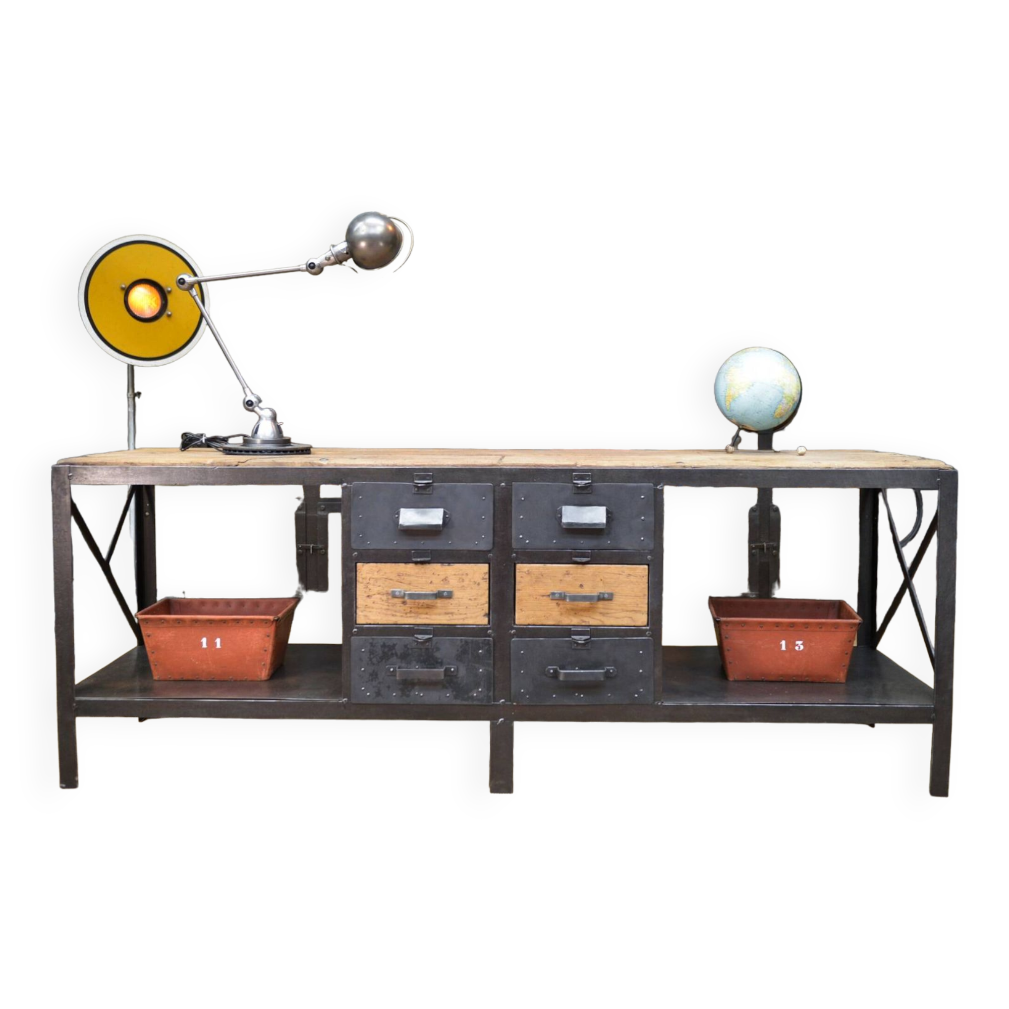 Industrial sideboard from metal and wood factory 1950
