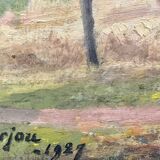 1920s french oil painting / panel. landscape. fields, trees and mountains