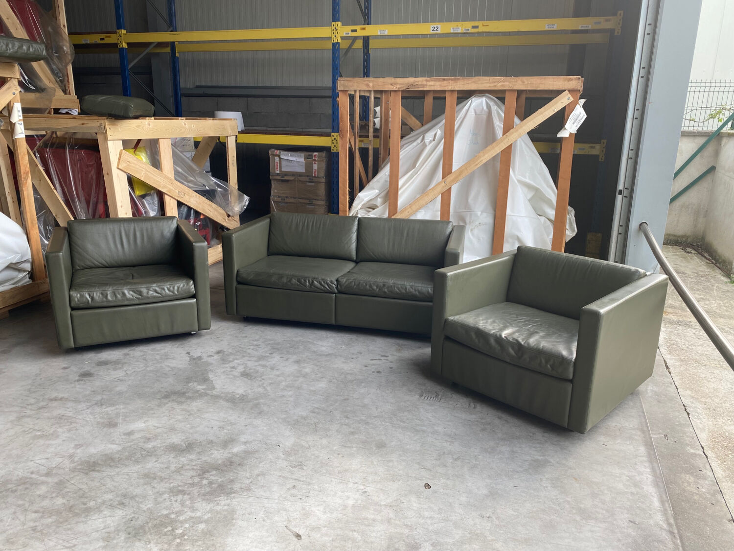 2-seater sofa and 2 armchairs set Pfister for Knoll khaki leather
