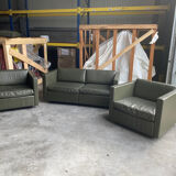 2-seater sofa and 2 armchairs set Pfister for Knoll khaki leather