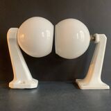 Pair of Art Deco porcelain wall lights with white Opaline globes, 1920