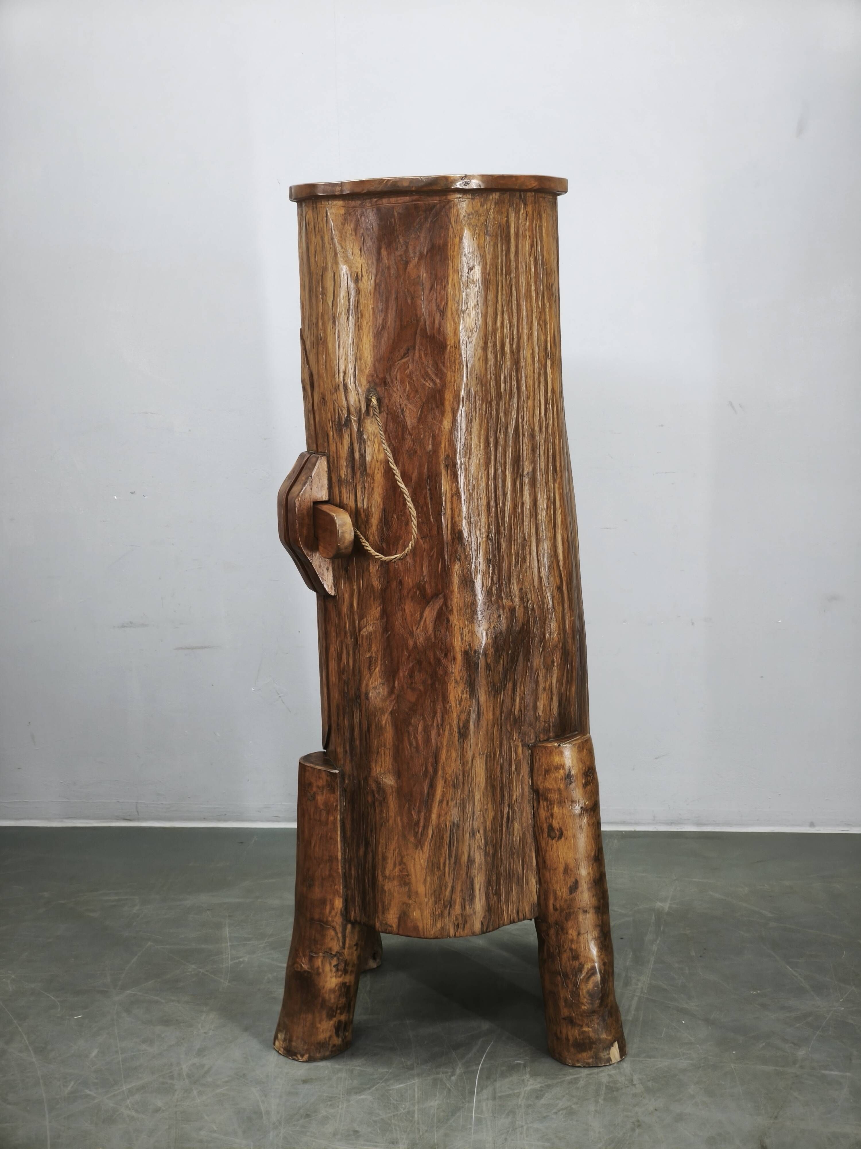 1960s French Brutalist Sculptural Solid Elm Wood Tree Trunk Cabinet