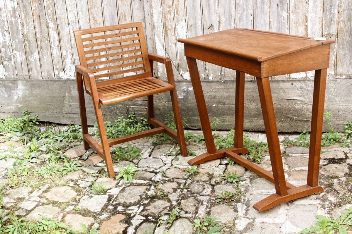 Wooden school desk and chair, 1950s