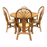 Ensemble table et chaises Exodia, bois et rotin, années 80