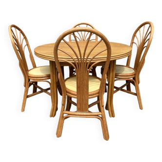 Ensemble table et chaises Exodia, bois et rotin, années 80
