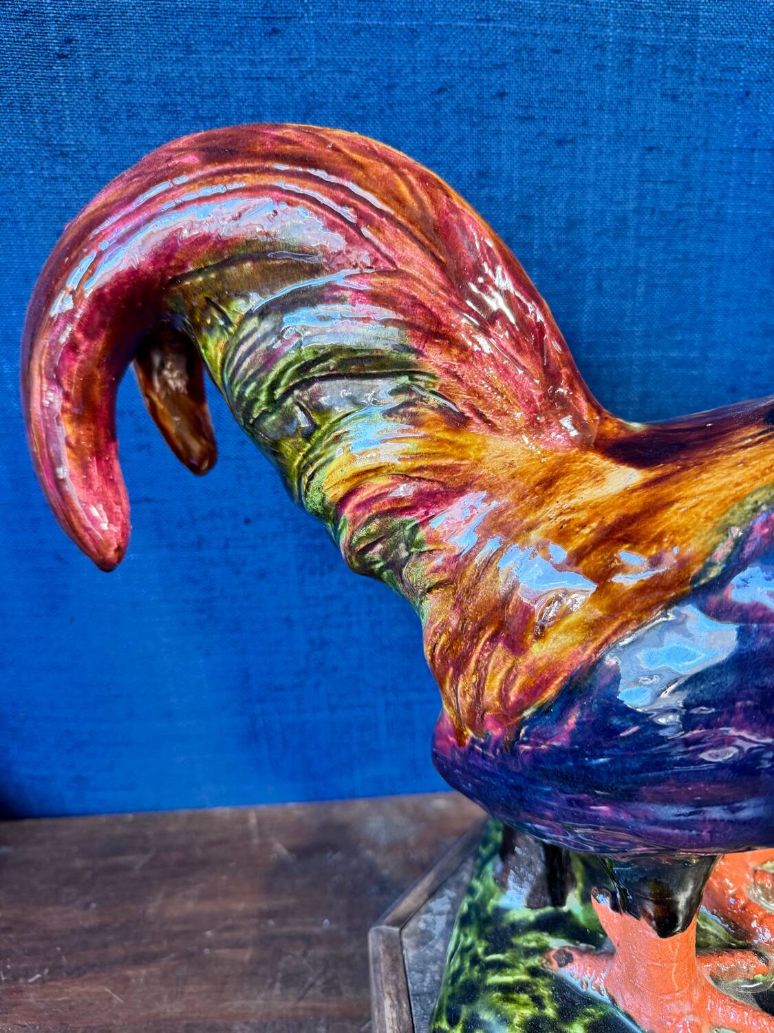 Ceramic sculpture of a rooster from Bavent, glazed terracotta, 1960.