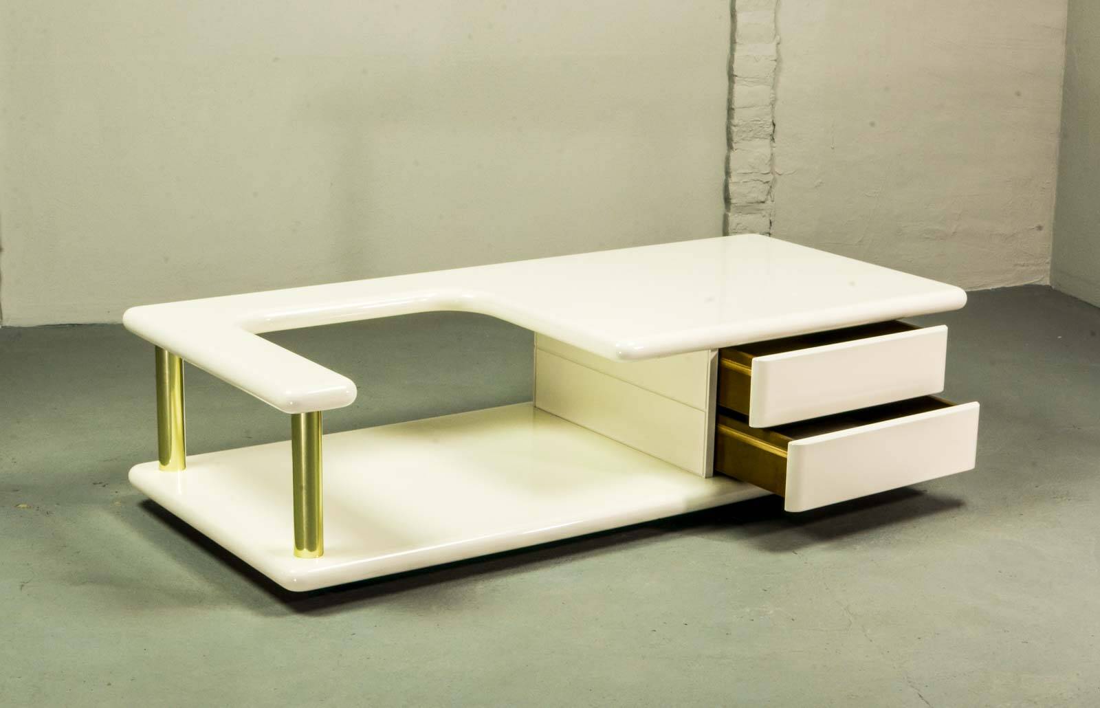 White High Gloss Free Form Italian Design Coffee Table w. Brass Accents 70s