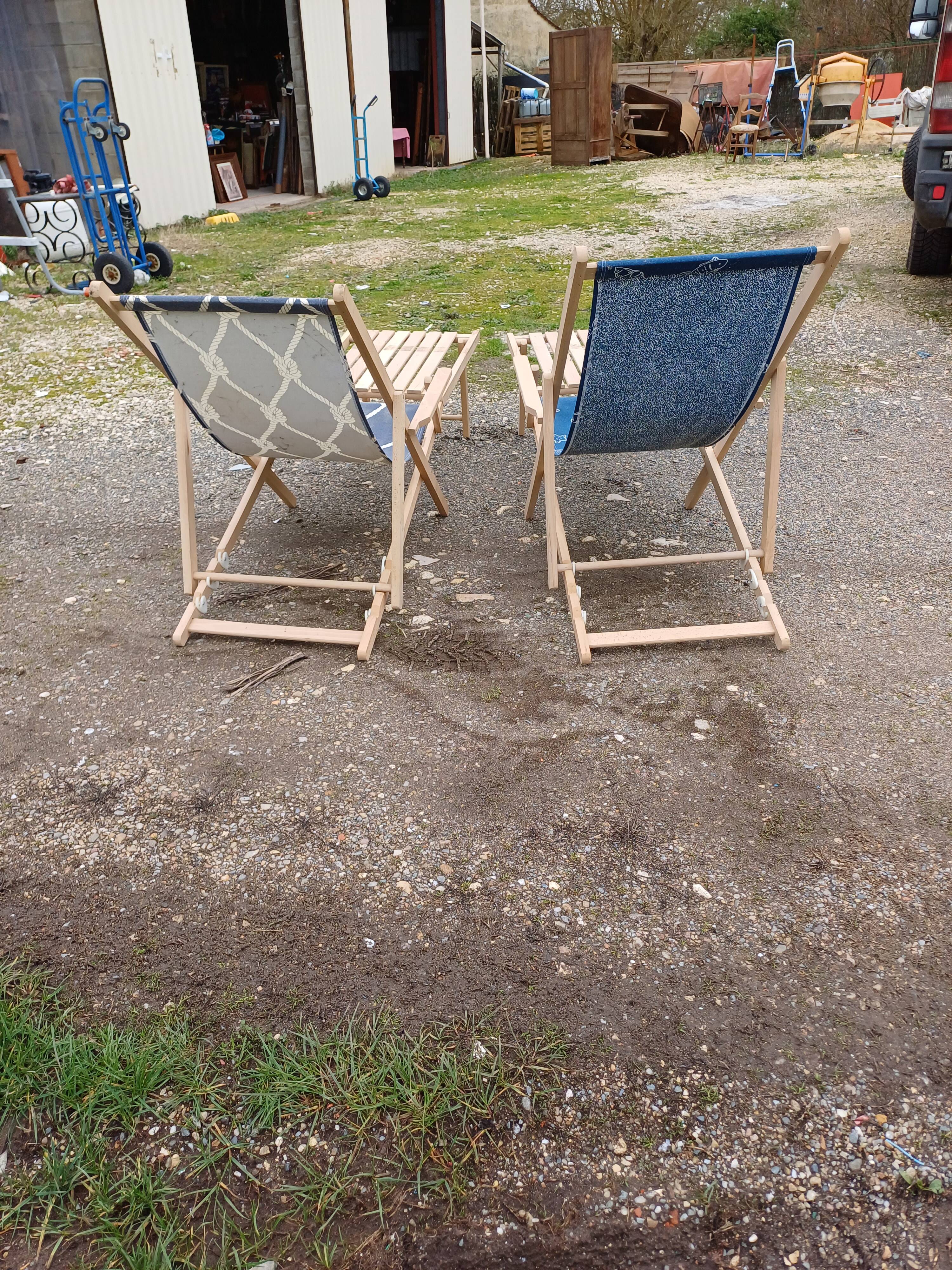 Pair of wood and fabric long chairs