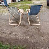 Pair of wood and fabric long chairs