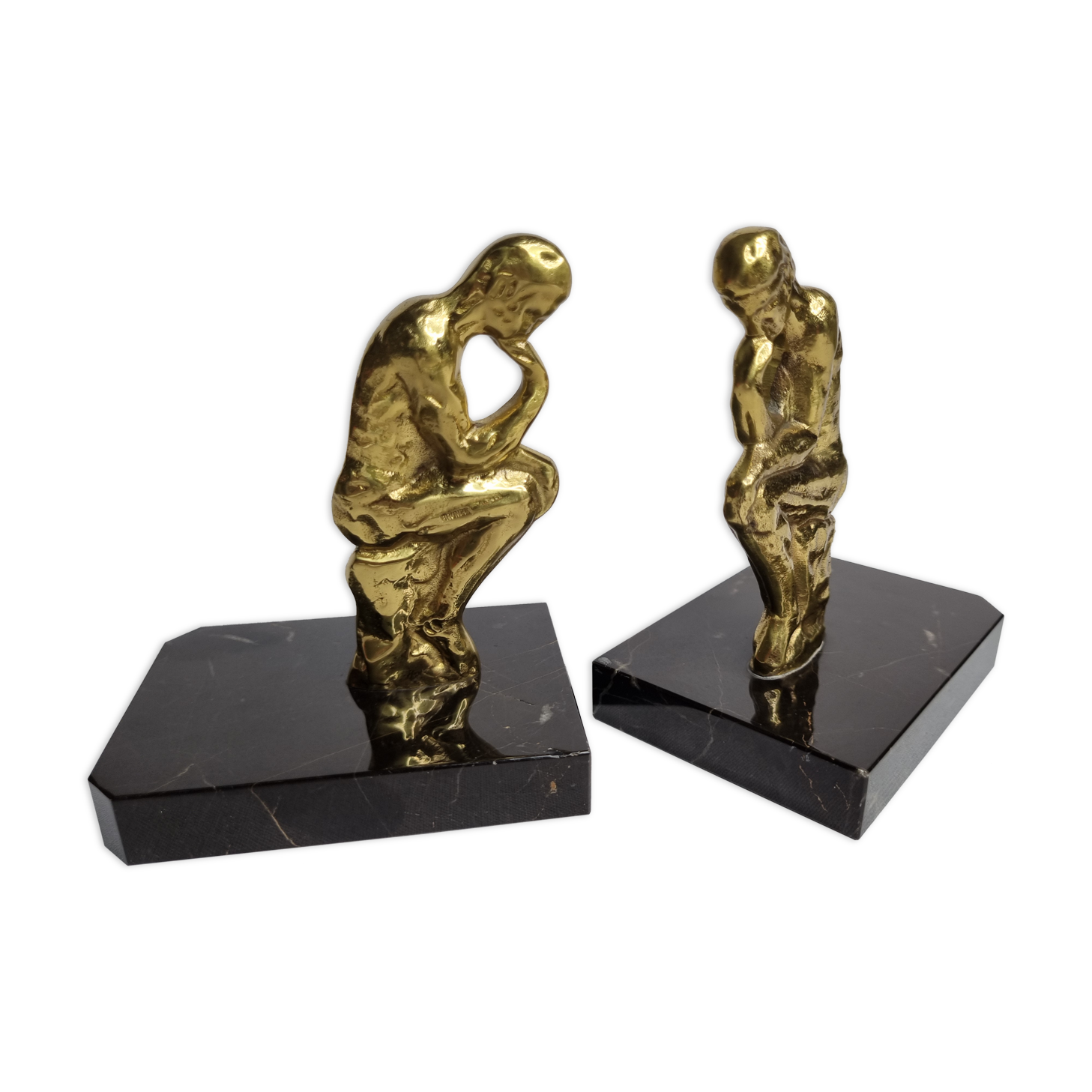 Pair of book-holders "thinker" in bronze and marble signed Chantilly