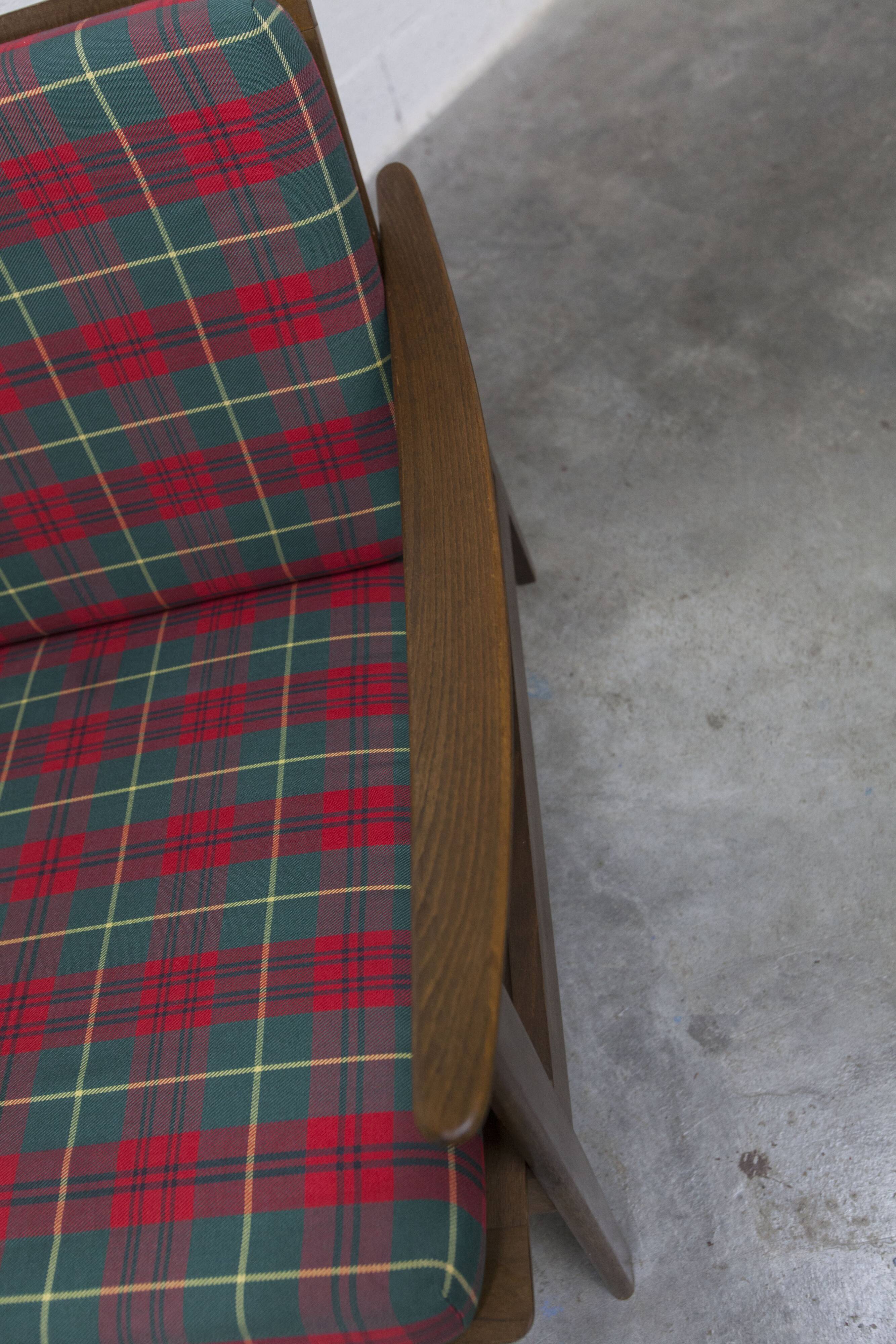 Scandinavian teak armchair, 1960s, demountable, with tartan fabric