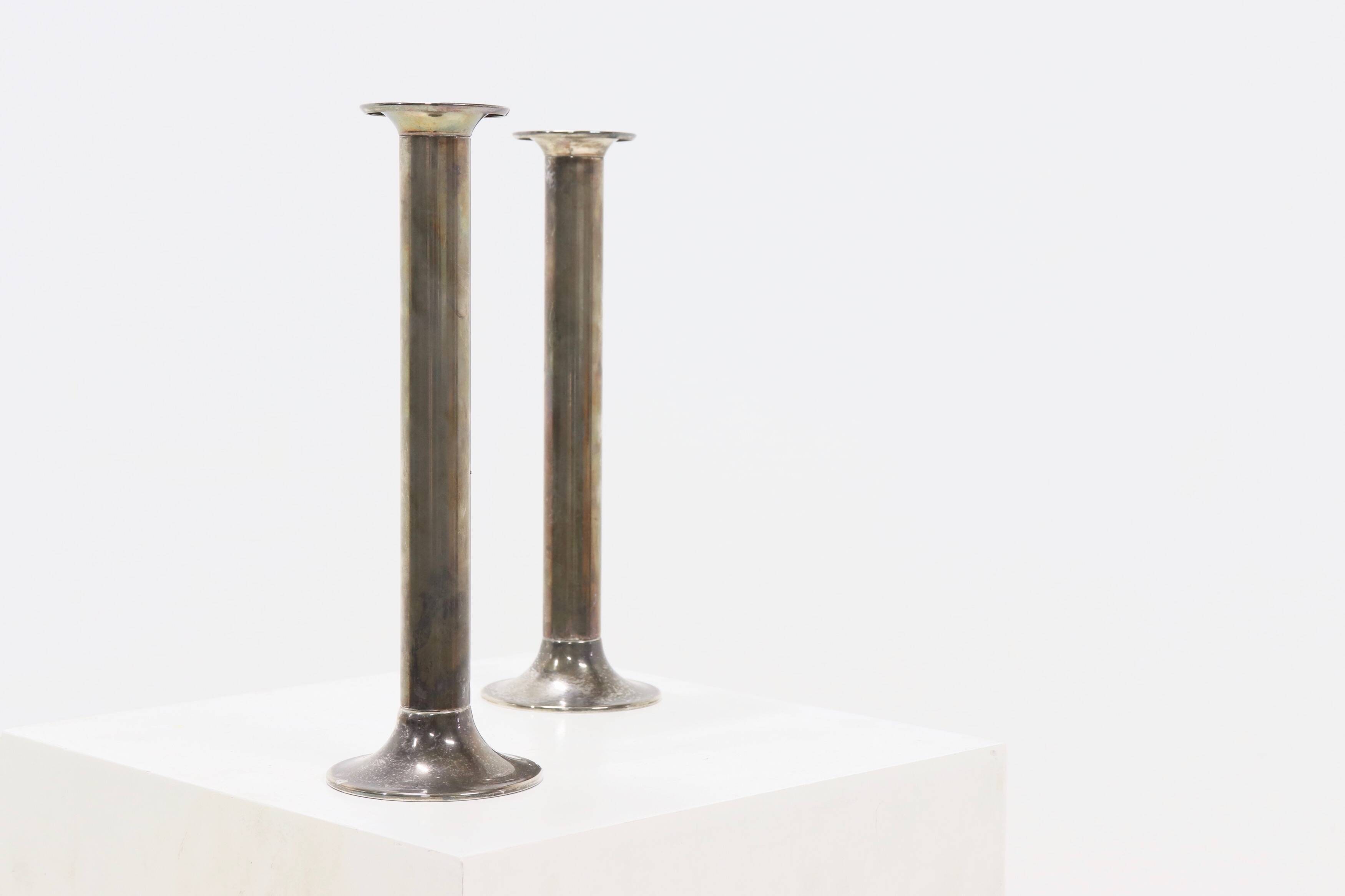 Pair Stainless Steel Silver Plated Candlesticks 1960s