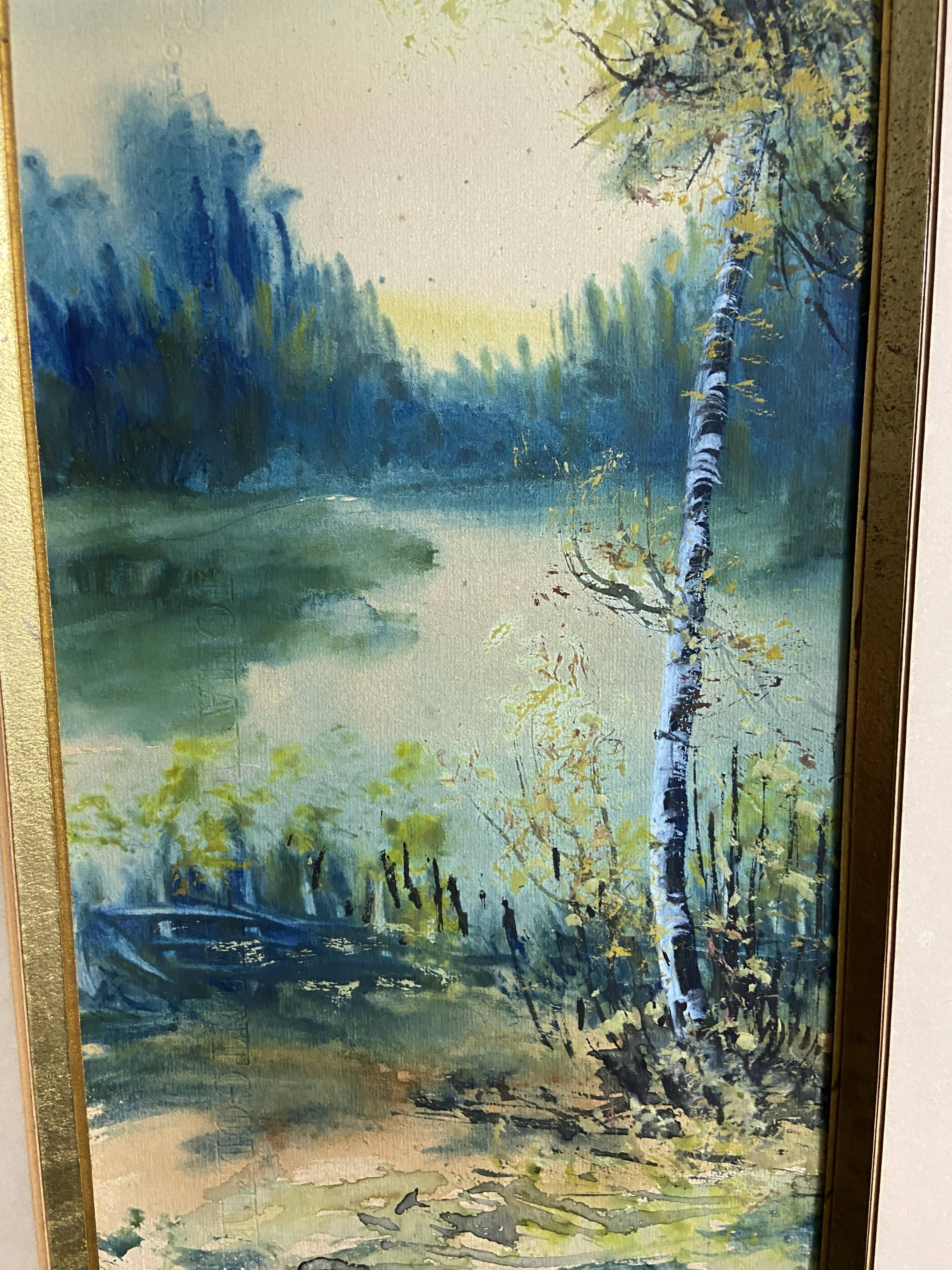 Large watercolor from the early 20th century, signed landscape of a wooded river bank