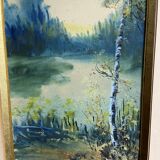 Large watercolor from the early 20th century, signed landscape of a wooded river bank