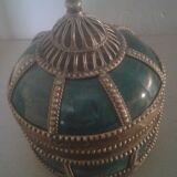 Ancient box in ceramic and enamel surrounded by brass