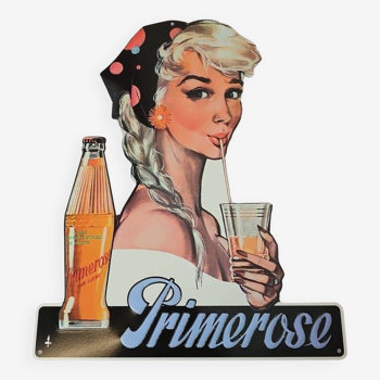 Primerose pin-up advertising plaque in cut sheet metal