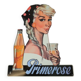 Primerose pin-up advertising plaque in cut sheet metal