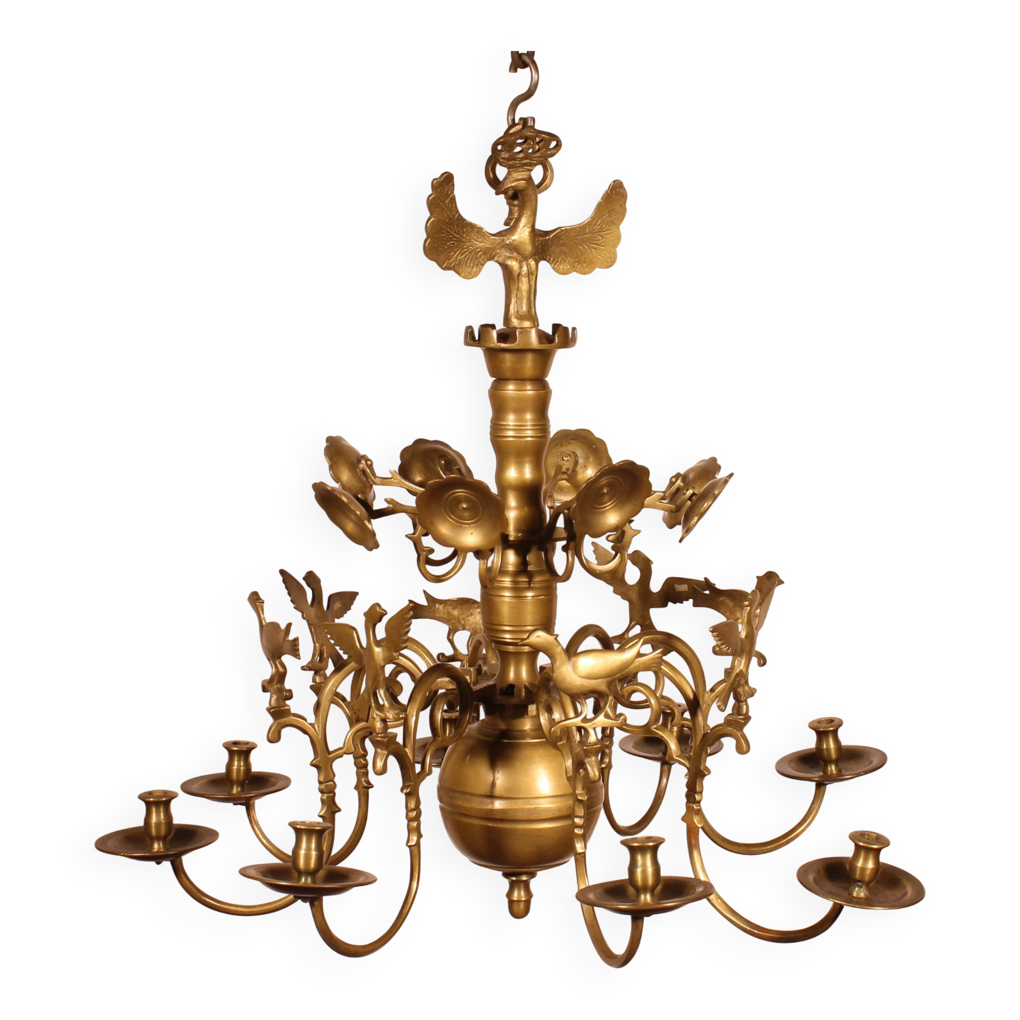 Bronze 8-Branch Chandelier Decorated with Birds