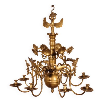 Lustre Renaissance En Bronze à 8 Branches Décoré d'Oiseaux