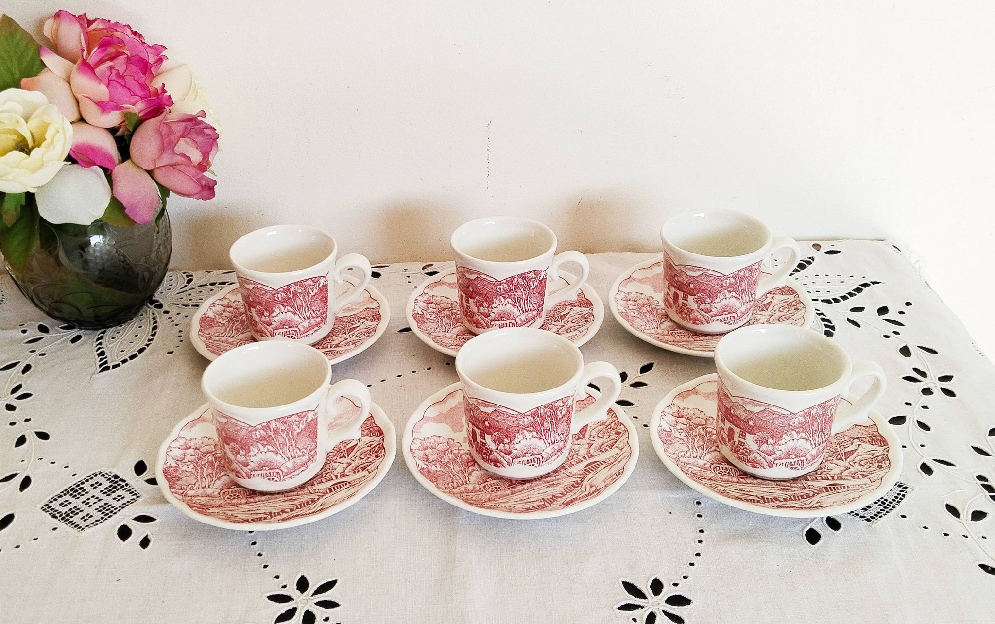 Vintage red earthenware coffee set, Swiss Landscape, Italy