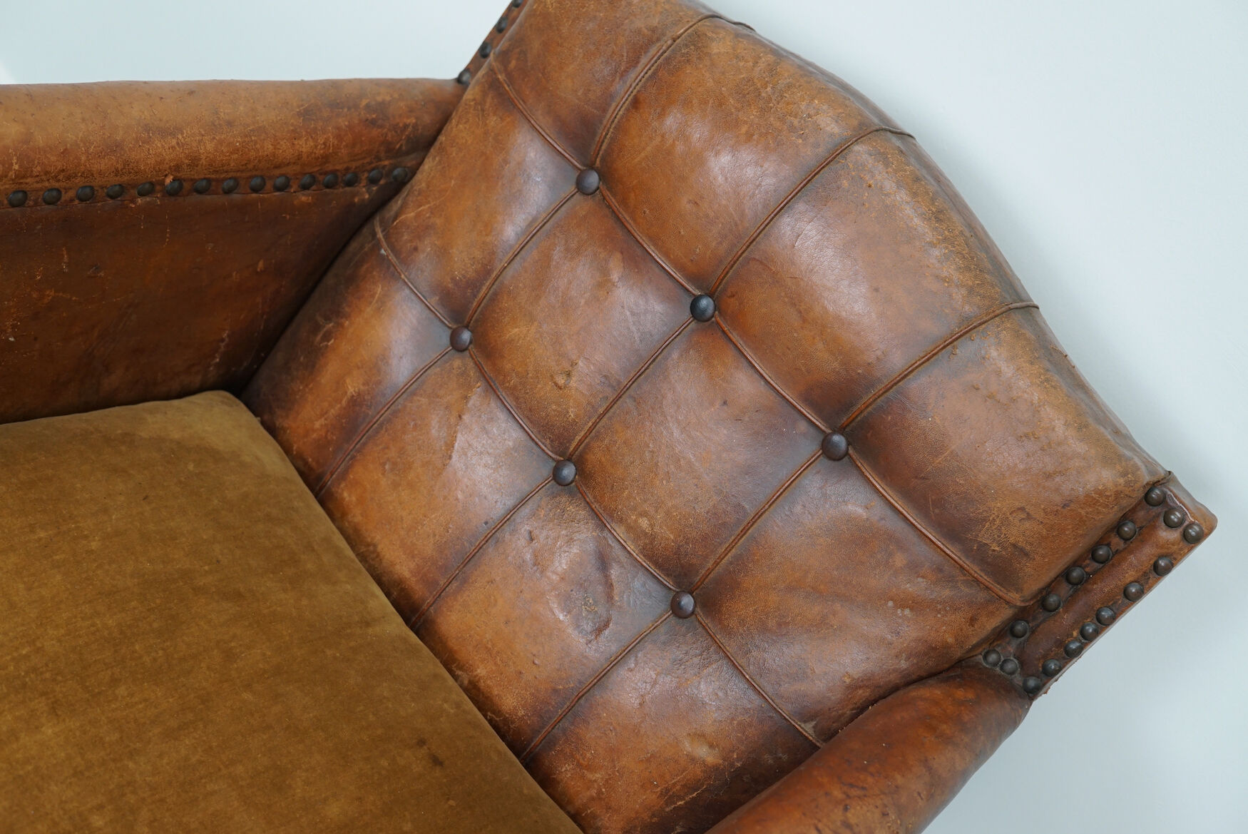 French cognac leather buttoned back club chair