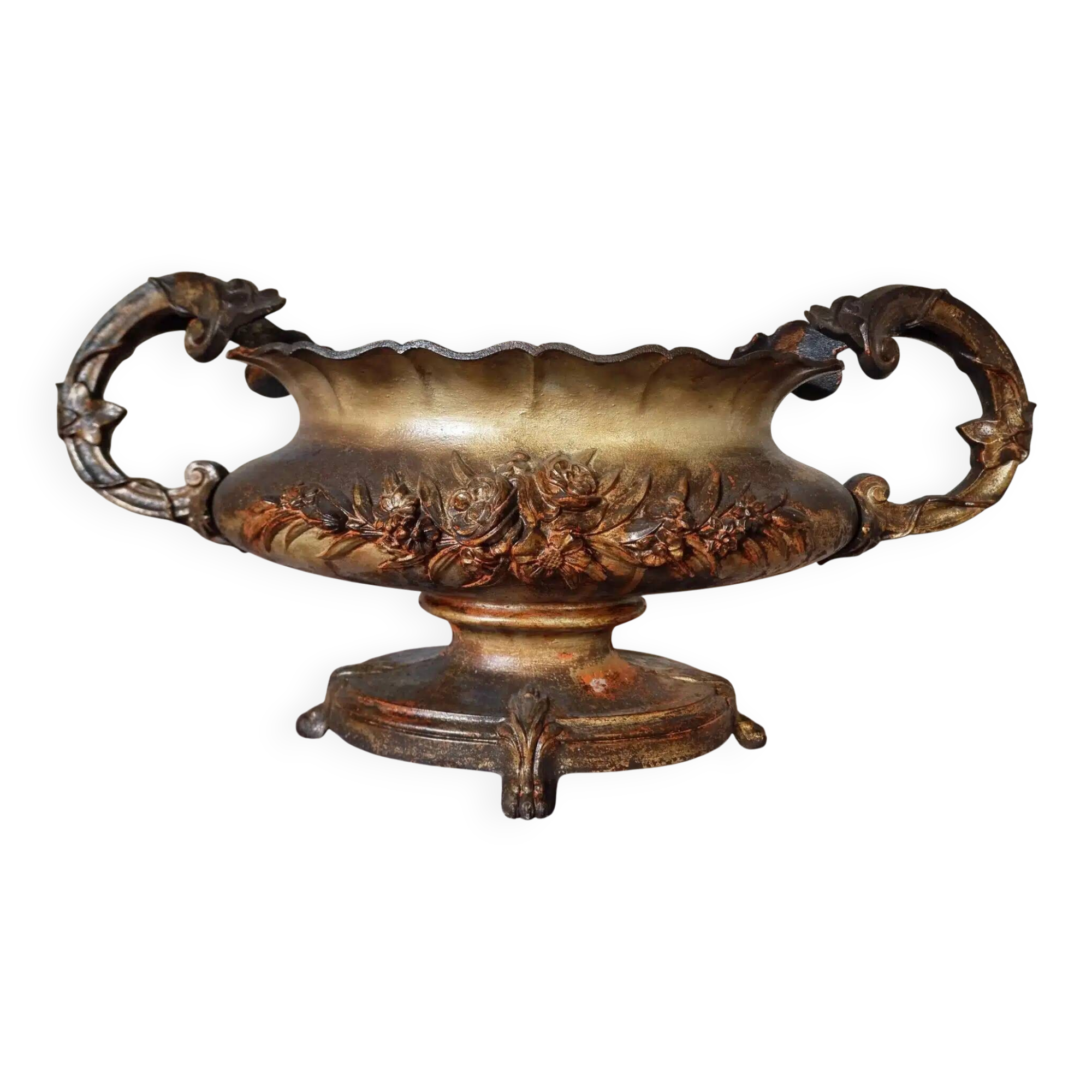 Grande jardinière ancienne en fonte sur pied, patine brun-or, France, vers 1900