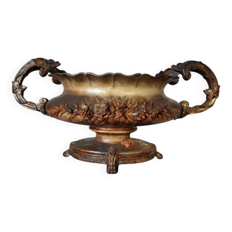 Large antique cast iron planter on a stand, brown-gold patina, France, circa 1900.