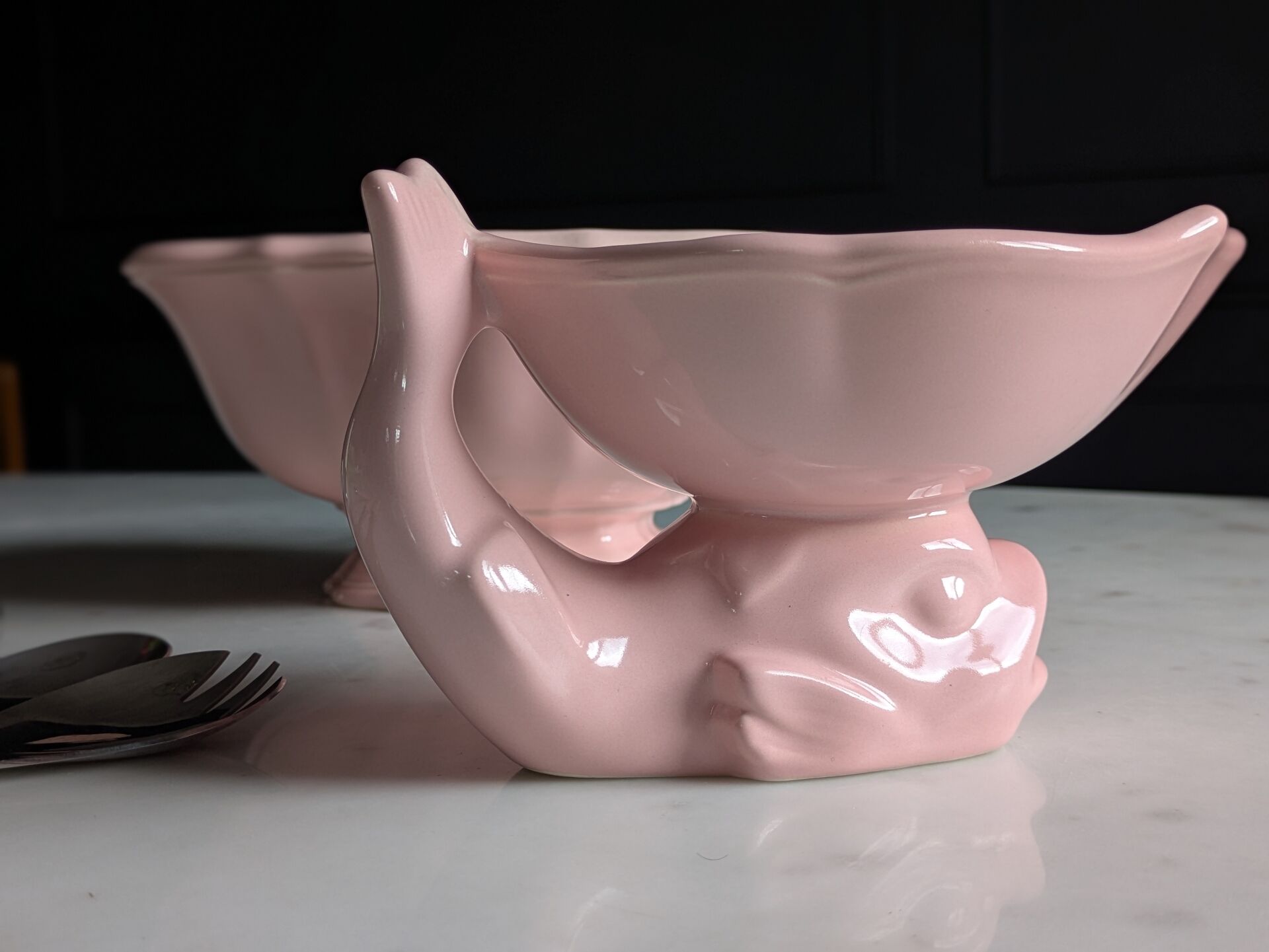 Vintage powder pink earthenware duo. Salins les Bains. 1950s.