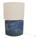 Sculptural table lamp in blue glaze with an abstract expression.