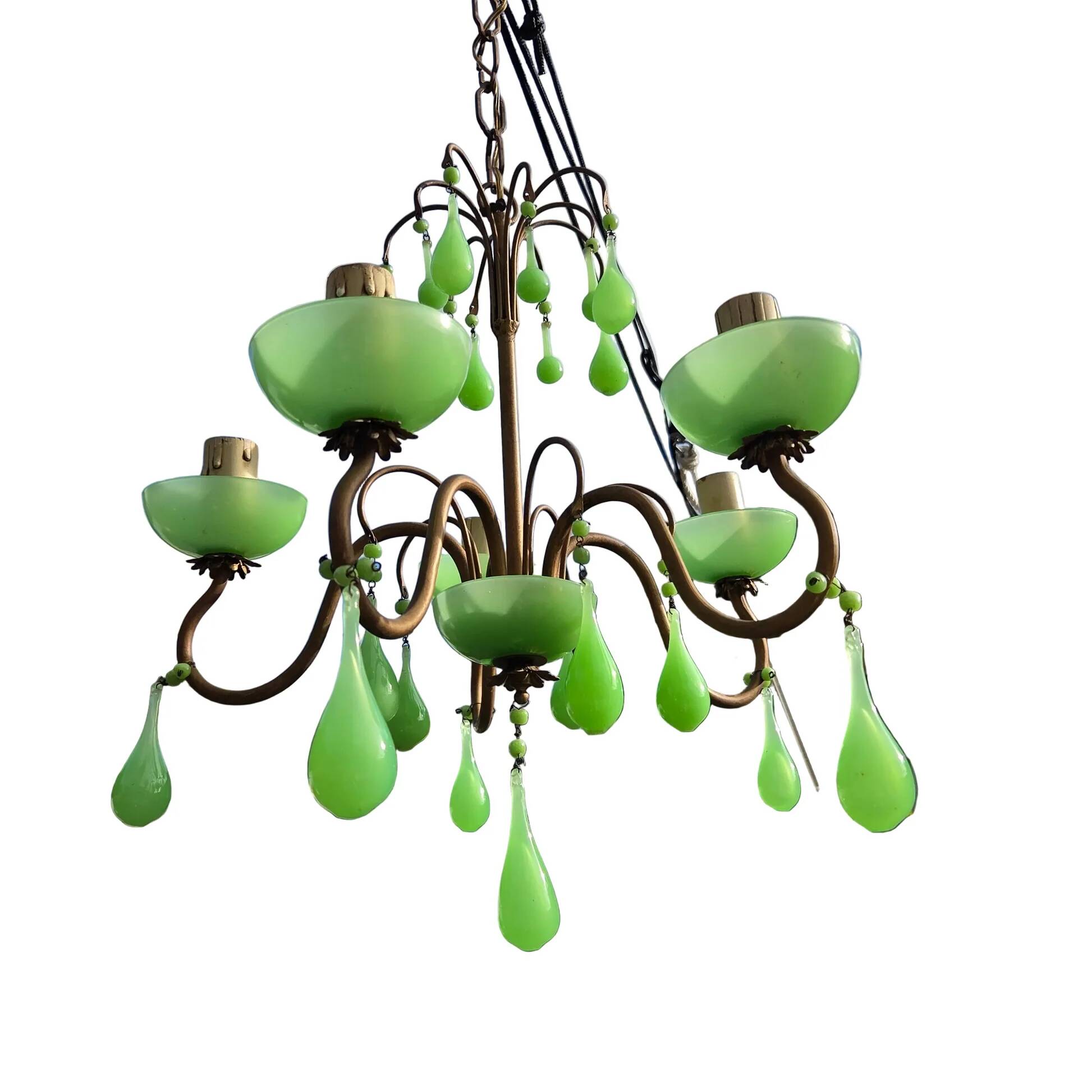 Italian chandelier with 5 lights in green opaline glass with uranium - ouraline