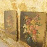 Paire de peintures de fleurs ancienne