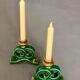 Green and gold candle holders in glazed ceramic