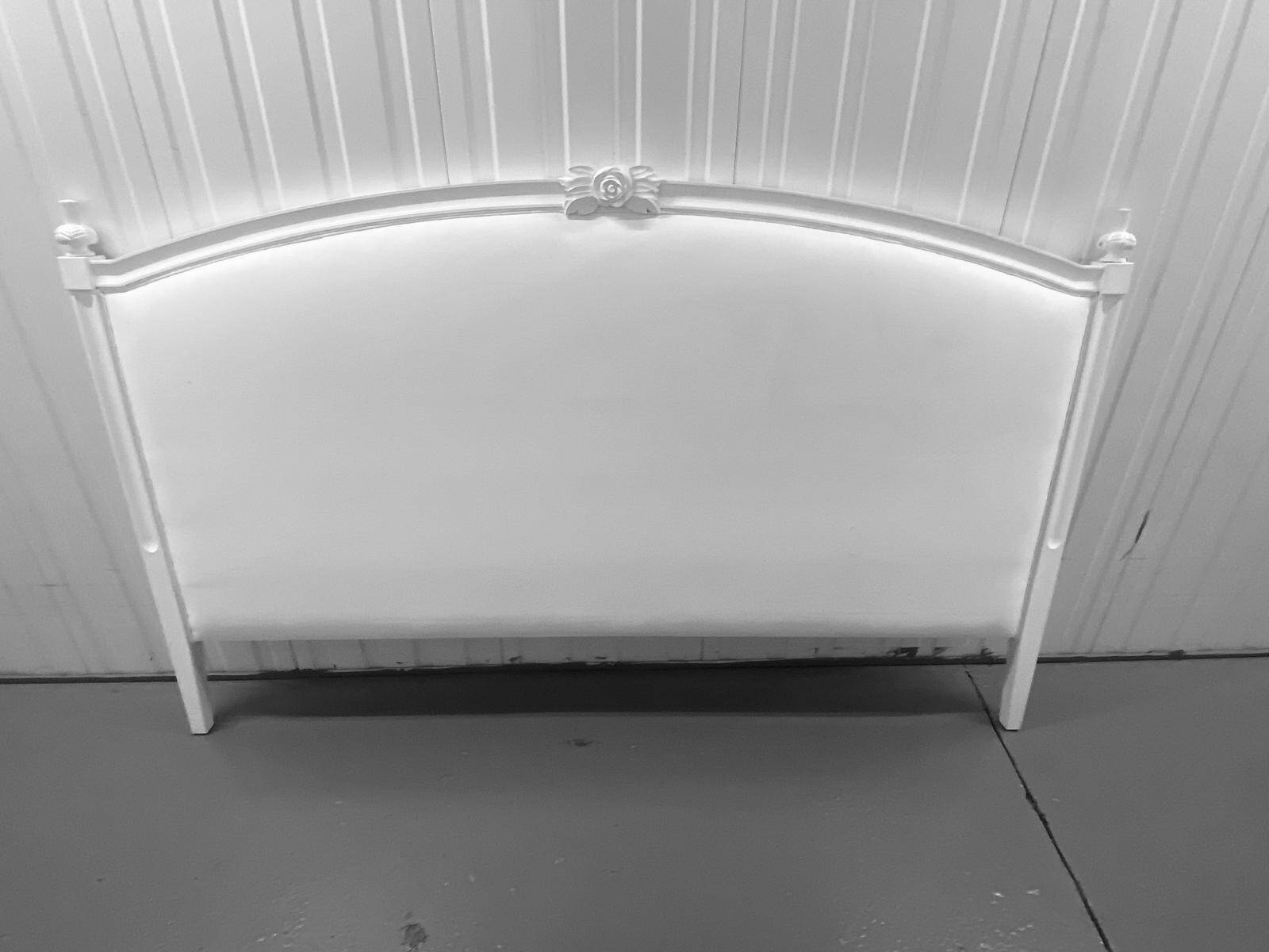 Gustavian style headboard in white wood with linen upholstery