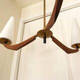 Chandelier french Arlus opaline and wood 1950