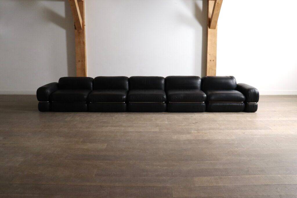 Modular sofa in black leather by Rodolfo Bonetto for Tecnosalotto, 1960s