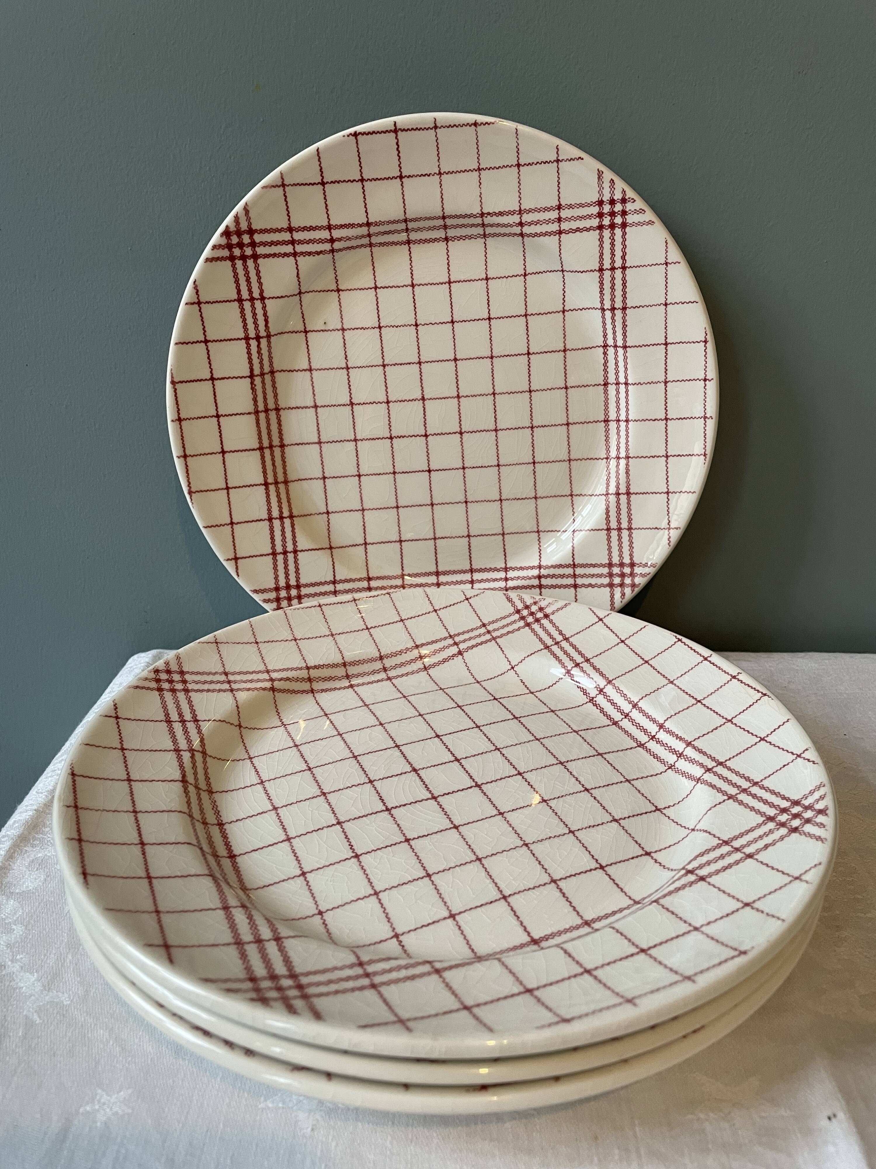 Set of 4 old flat plates in Gien earthenware, tea towel patterns