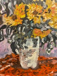 Painting, still life with sunflowers, oil on canvas 60/70