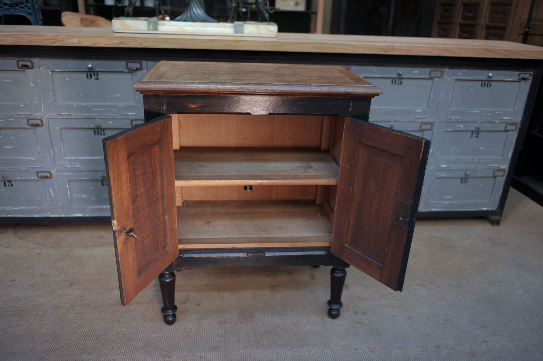 1930s Oak furniture with 2 black patinated doors.