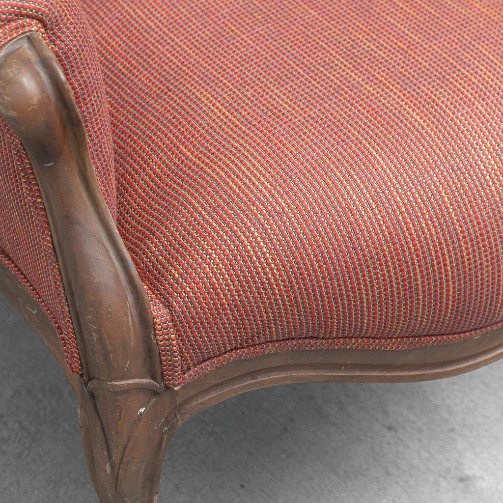 Pair of classic vintage armchairs in carved wood and fabric, 1950s