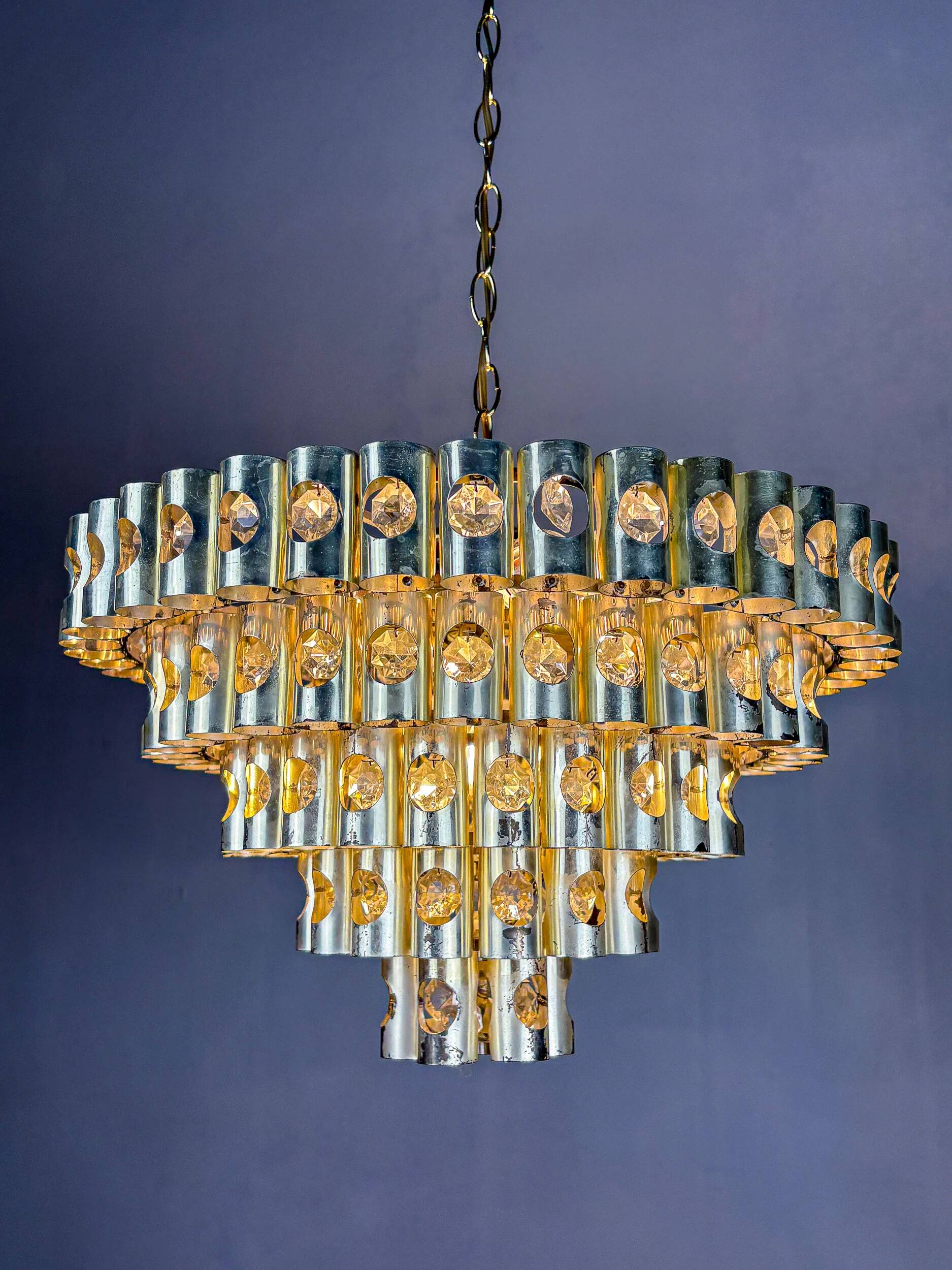 Gaetano Sciolari 5-tier chandelier, brass & crystal, Italy, 1970s