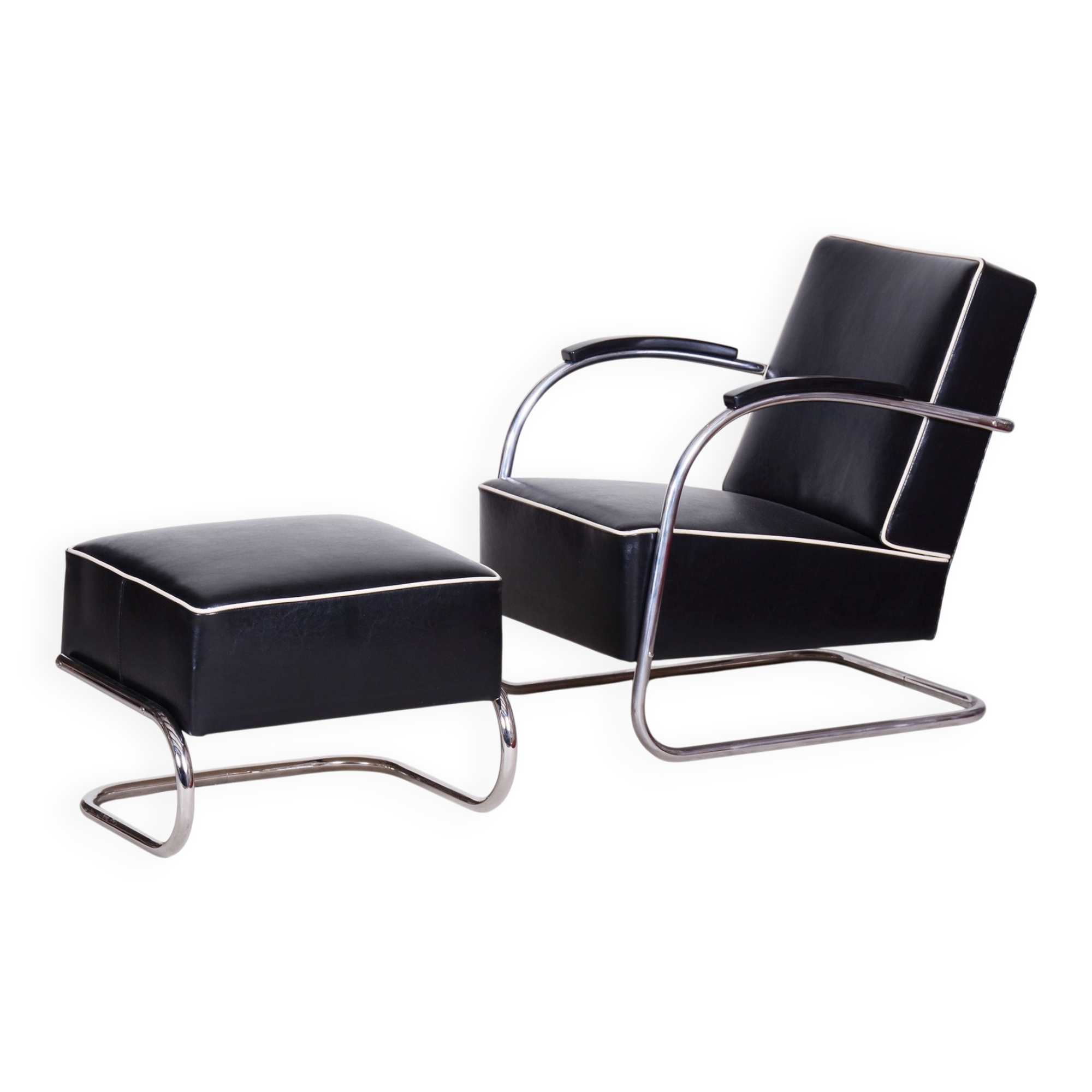 Bauhaus Armchair with Stool in Chrome attributed to Mücke-Melder, Czech, 1930s, Set of 2
