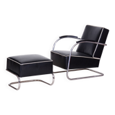Fauteuil Bauhaus avec repose-pieds en chrome attribué à Mücke-Melder, tchèque, années 1930