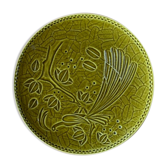 Enamelled ceramic cake dish green peacock slurry signed poet Laval drome