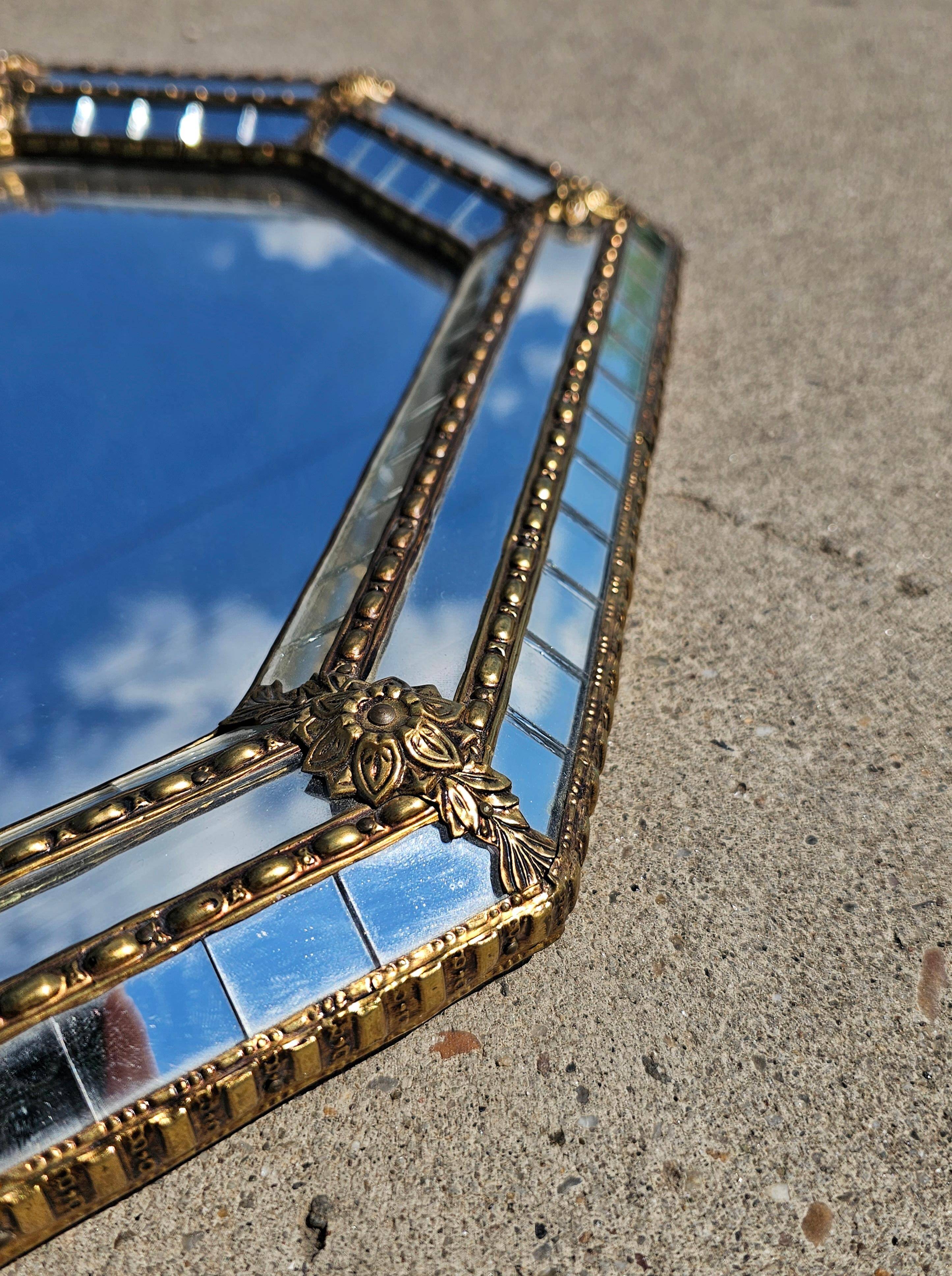 Octagonal Hollywood Regency Mirror with Floral Brass Accents, 1970s