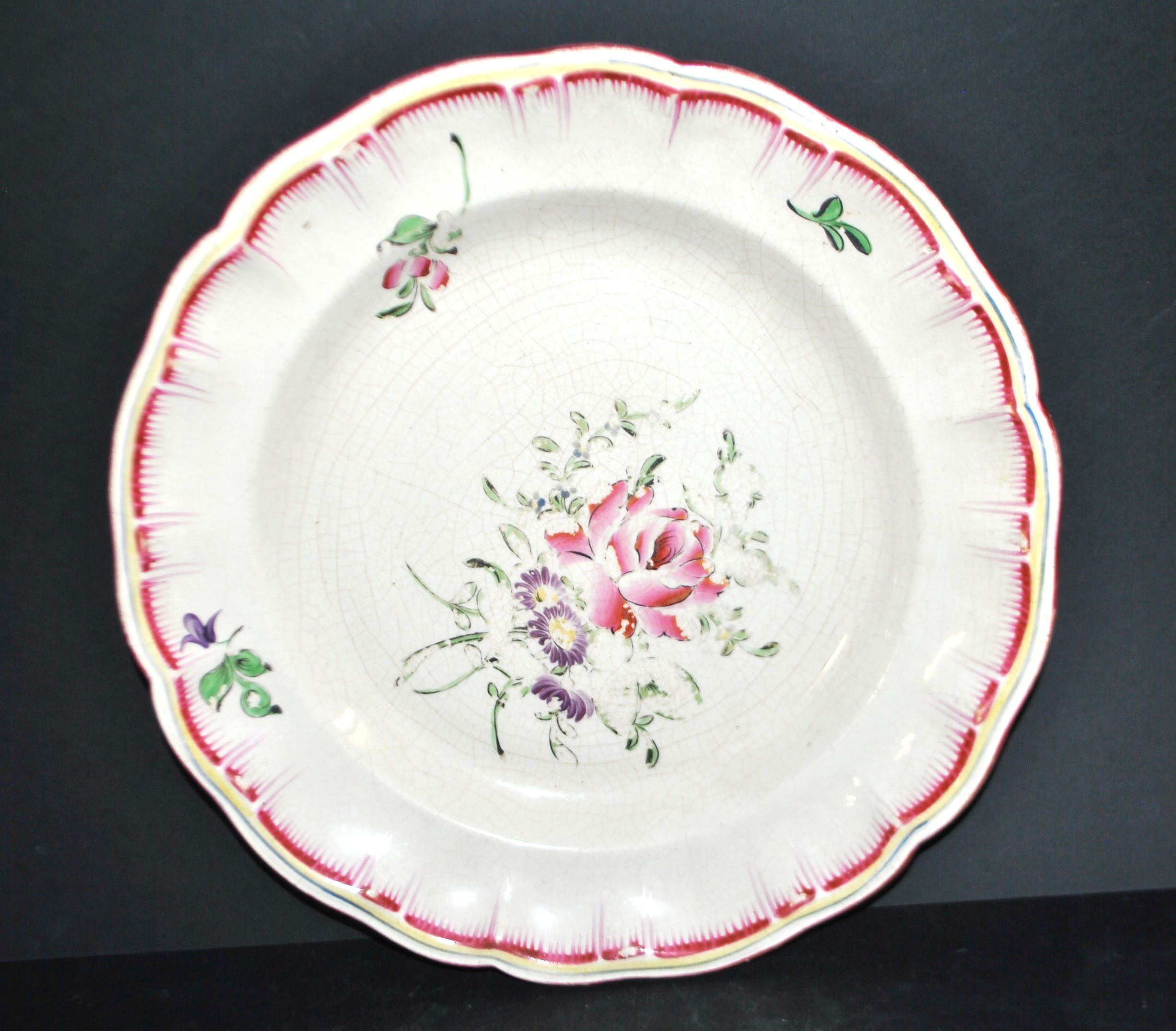 Flowered plate decoration street lamp old Strasbourg in faience signed KG Lunéville