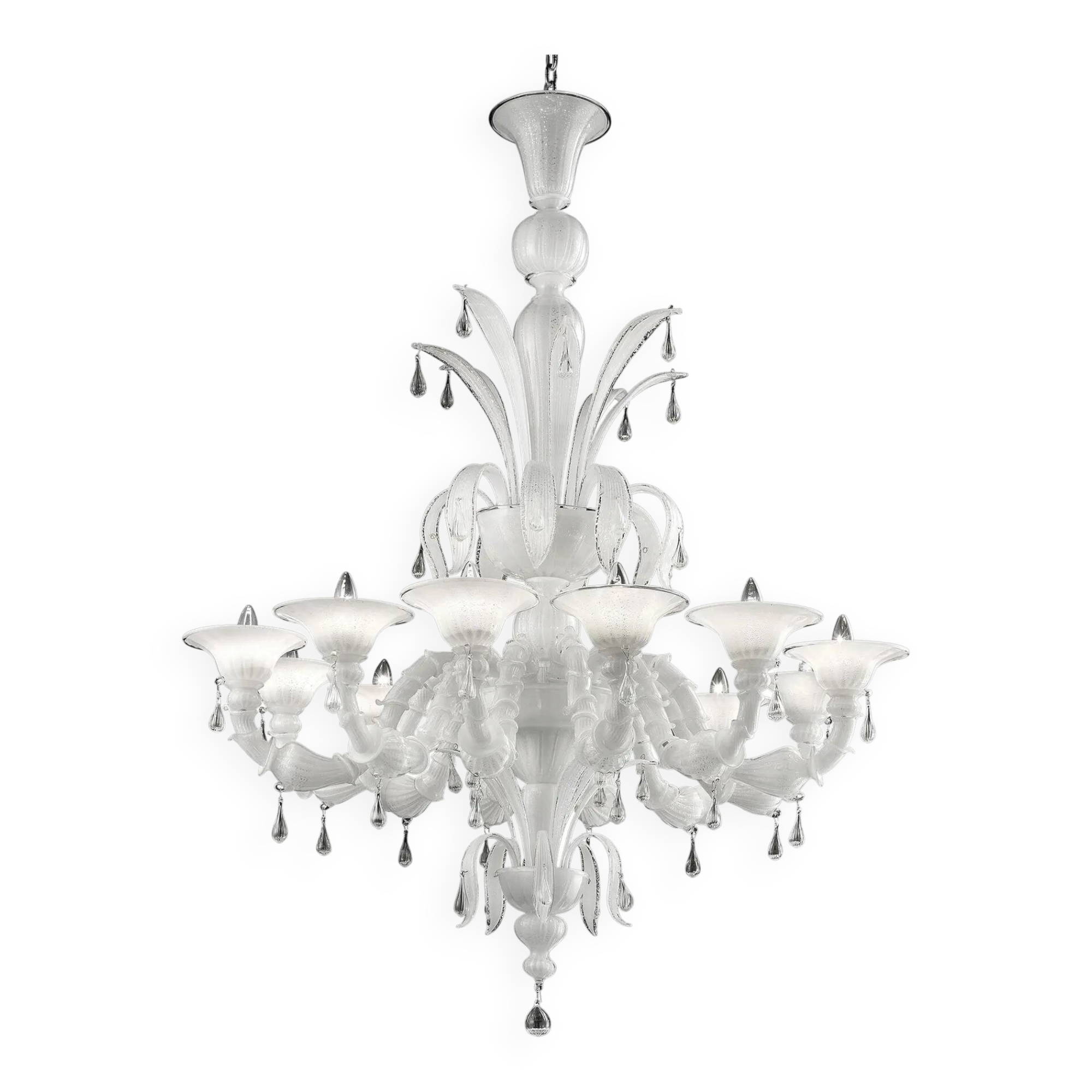 Traditional White Venetian Murano Glass “Ca’ Rezzonico” Chandelier with Tra