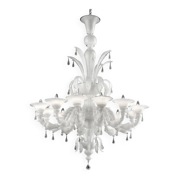 Traditional White Venetian Murano Glass “Ca’ Rezzonico” Chandelier with Tra